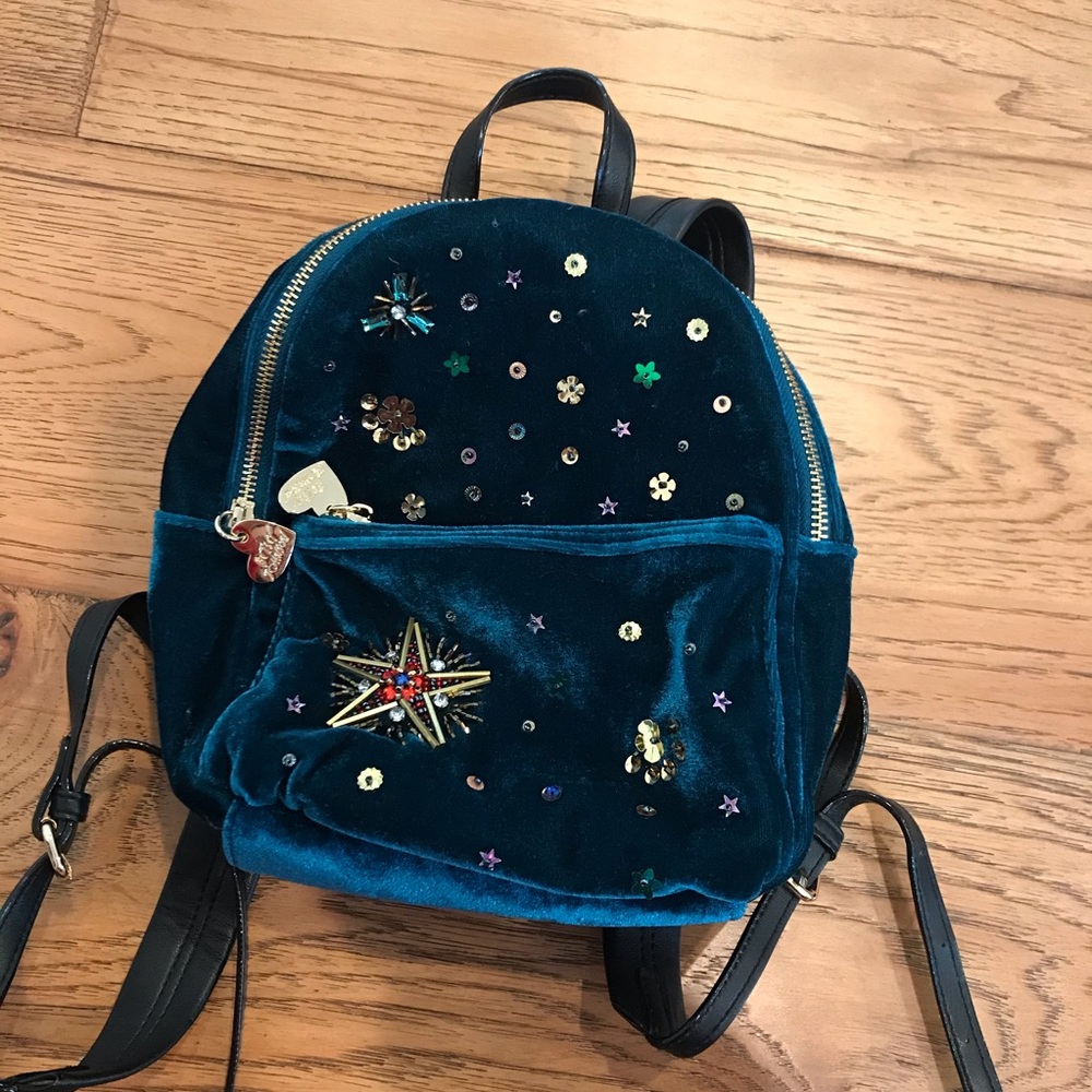 teal velvet beaded backpack